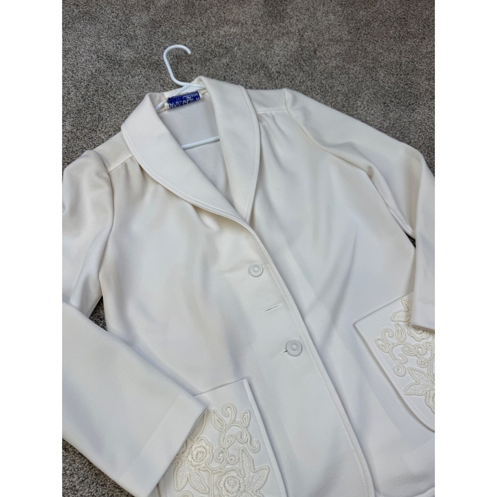 Vintage Samuel Grossman White Blazer‎ Shawl Collar Embroidered Floral Pockets